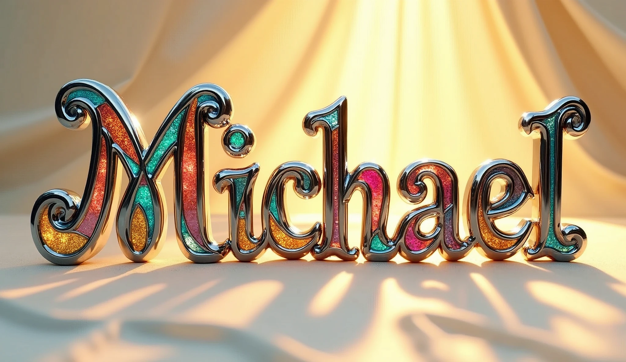 (text:"Michael") The word, in Art Nouveau fancy script text, shiny highly polished silver chrome with coloured glass insets, art nouveau, flowing shapes and flourishes, well lit front face view on flat cream silk background, directly lit text by very bright sun, tropical reflection on text, highlights, lens flare, logo, badge, emblem, insignia, label, photorealistic, extremely detailed, beautiful, unique, epic, cinematic, sparkling,