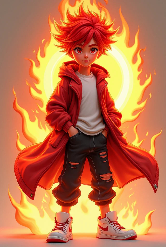 Red skin Fire hair Blouse with red coat with fire Red skin Red clothes with white blouse White sneakers Symbol of fire Gamer boy animation Child 