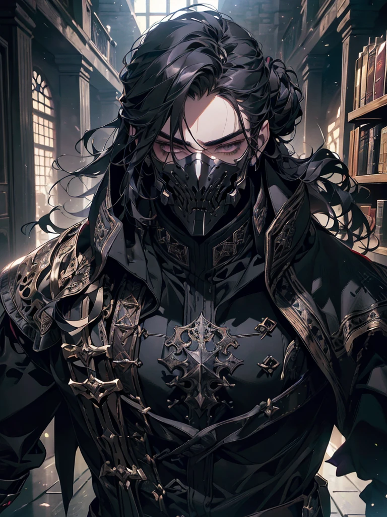 (masterpiece, high quality, cinematic lighting, backlighting, sharp colors)
Tall muscular young man, black hair tied in a bun, dark eyes, compact muscles. Face hidden by a full iron mask, expressionless. Wears medieval robe, leather shirt and pants, armor plates on vital areas. Dark crime scene background, shadowy atmosphere.