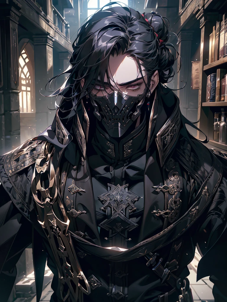 (masterpiece, high quality, cinematic lighting, backlighting, sharp colors)
Tall muscular young man, black hair tied in a bun, dark eyes, compact muscles. Face hidden by a full iron mask, expressionless. Wears medieval robe, leather shirt and pants, armor plates on vital areas. Dark crime scene background, shadowy atmosphere.