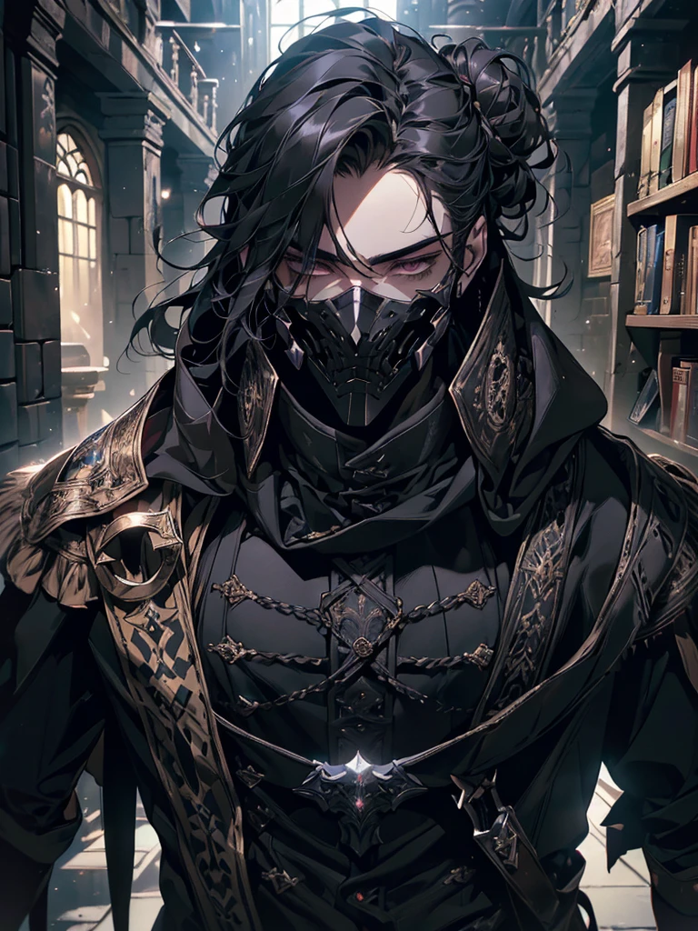 (masterpiece, high quality, cinematic lighting, backlighting, sharp colors)
Tall muscular young man, black hair tied in a bun, dark eyes, compact muscles. Face hidden by a full iron mask, expressionless. Wears medieval robe, leather shirt and pants, armor plates on vital areas. Dark crime scene background, shadowy atmosphere.