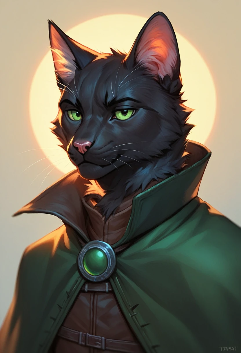 masterpiece, expressive eyes, perfect face, best quality, 1boy, male focus, solo focus, Adult, Tabaxi, Black fur, Cat, Cat tail, Green eyes, Rogue, bloodbourne, black capelet,
