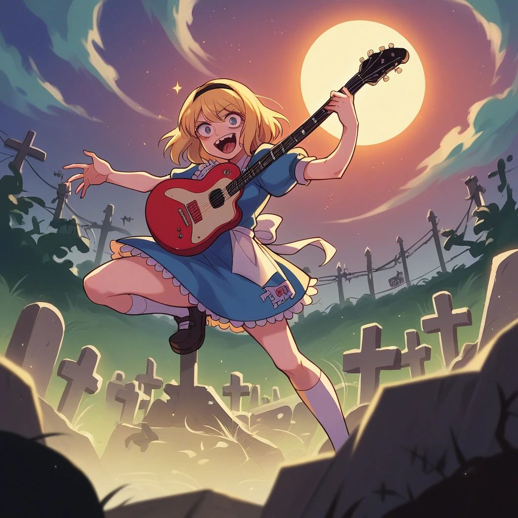 Bold brushstrokes, anime style illustration, midsummer night, crazy fun, cinematic lighting, Alice and the main characters from "Alice in Wonderland" performing a rock concert in a graveyard in the middle of the night, Alice with an electric guitar hanging from her shoulder, singing into a microphone, the dead audience cheering on.