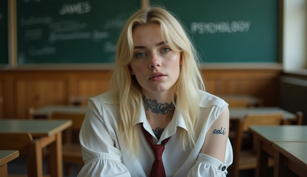 Actress Ellen Fanning sits in what appears to be a classroom setting. He has long blond hair and wears a shirt with a tie., which adds a formal yet youthful touch to your appearance. His gaze is directed towards the viewer, with a calm and introspective expression, that together with his slightly parted lips, adds to your contemplative attitude. His most notable features include the tattoo visible on his neck, what does it say "cali" in a delicate handwriting, and another intricate tattoo on his arm, which suggests a mix of elegance and nervousness in his character. the bottom, although slightly blurry, clearly shows traditional classroom elements, like desks and blackboards that are written "JAMES PSYCHOLOGY", that contrast with its modern and somewhat rebellious aesthetic. This juxtaposition evokes a sense of individuality and defiance against conventional environments. 