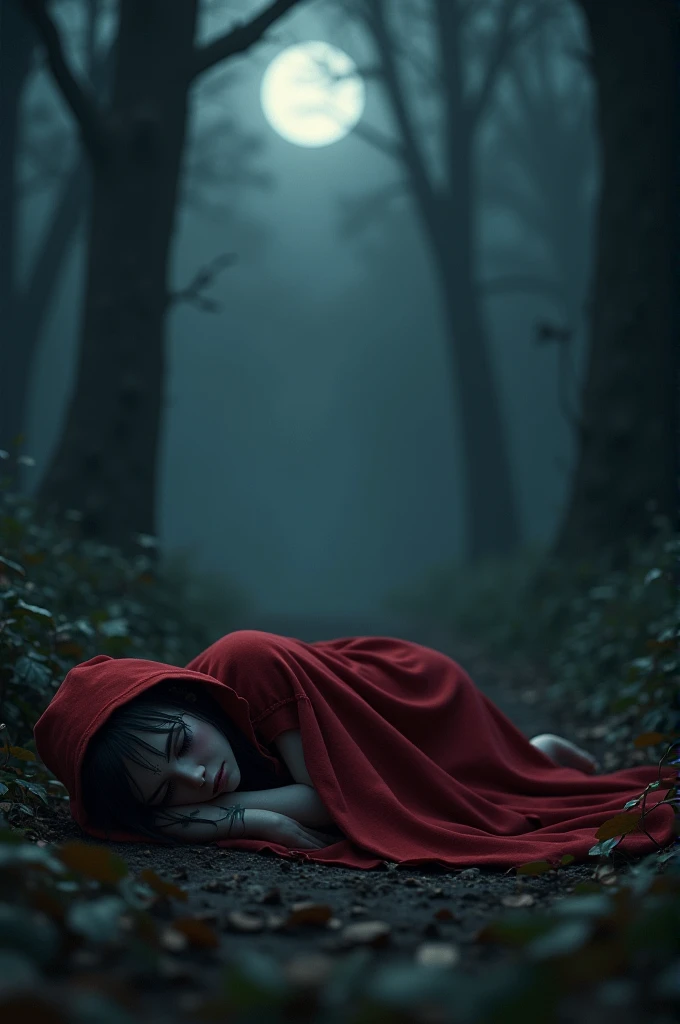 Little Red Riding Hood character, lying on the floor at night