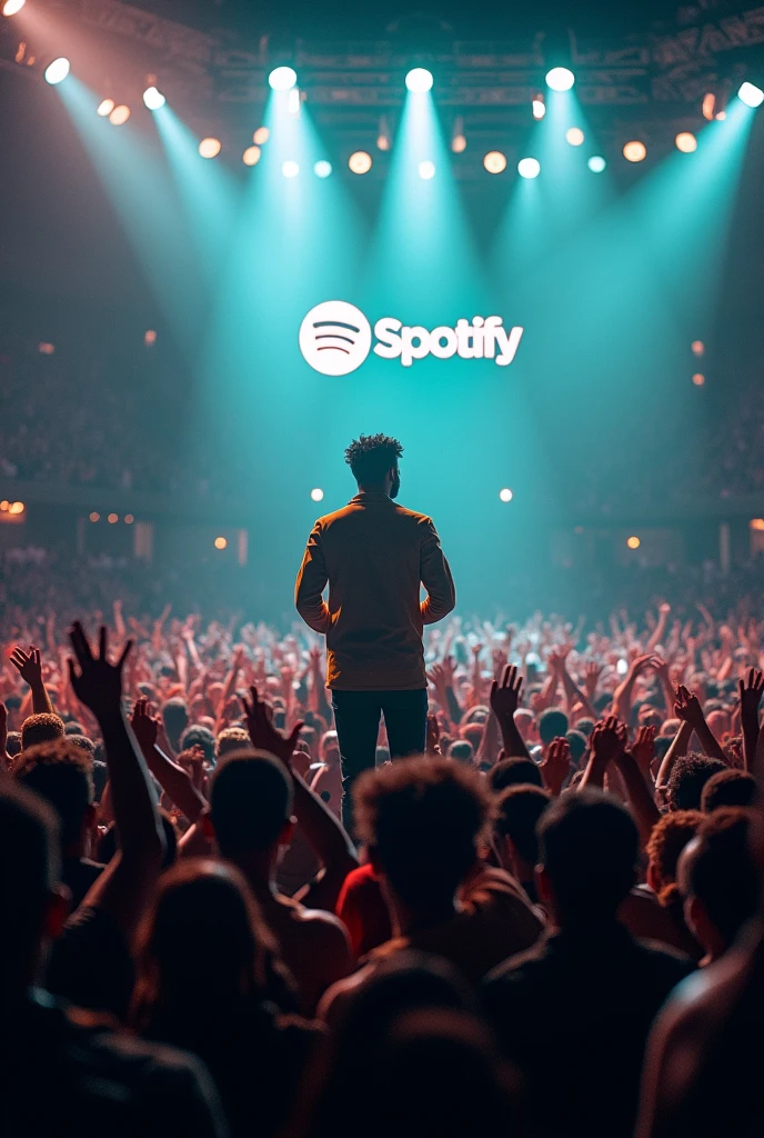 Afro male singing on a mic in a stadium filled with people with the word Spotify boldly written on the Background