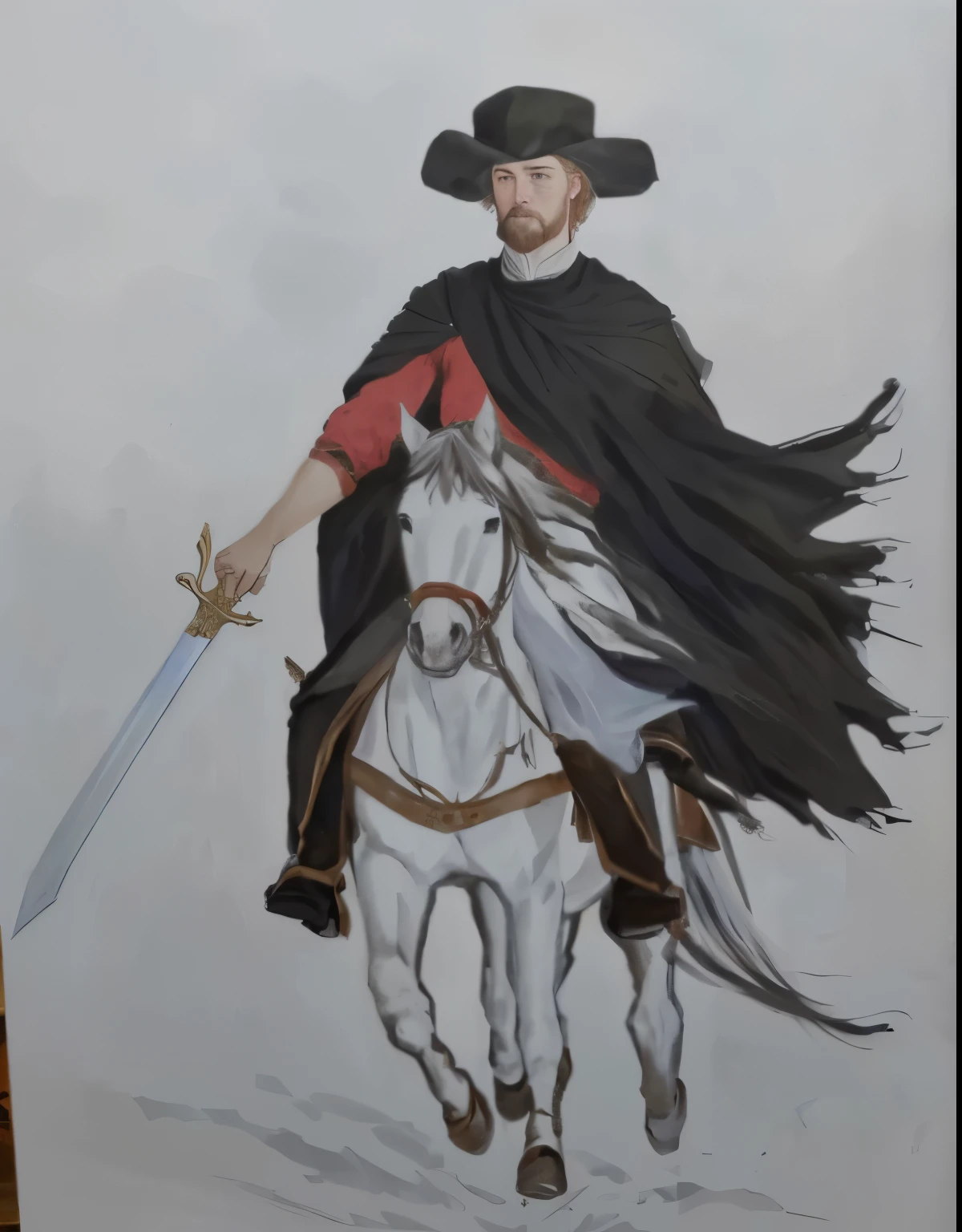 painting of a man with a sword and a red shirt, Riding on a white horse, as a medieval fantasy character, inspirado em Robert Walker Macbeth, inspired by Clovis Trouille, painting of a knight, inspired by Ambrosius Holbein, inspirado em Eleanor Fortescue-Brickdale, boromir in an 80\animes world, inspired by Edmund Greacen