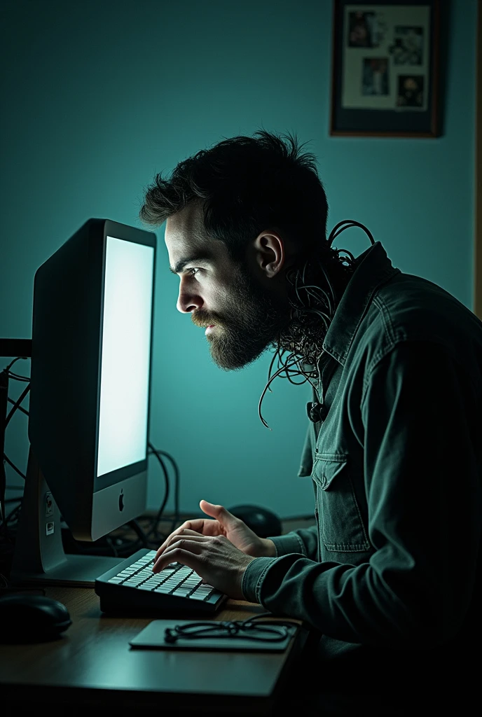 A image of computer addiction man that slowly swallowing by computer