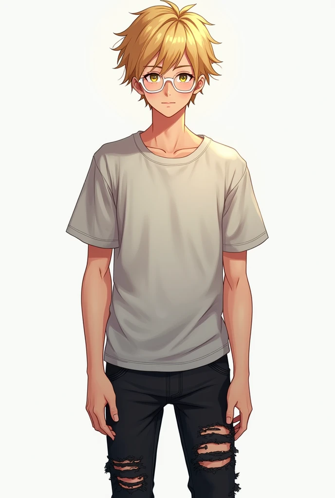 Male character wearing a student shirt who is blond with white skin-colored glasses and ripped black pants