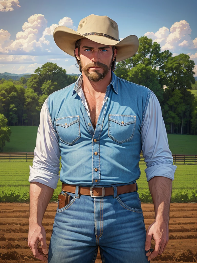 Masterpiece, high resolution, HDR, detailed composition, high definition, unique, hot handsome ranch cowboy, farmer, countryside, Alabama, southern, redneck daddy, white male, beautiful symmetrical blue eyes