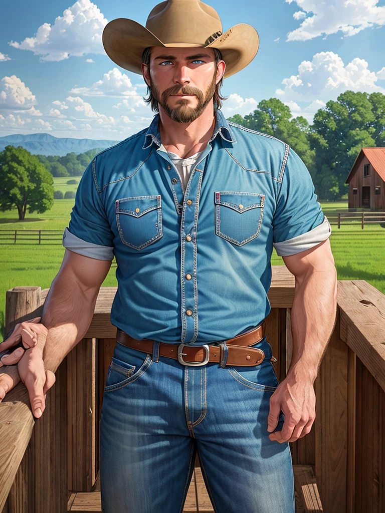 Masterpiece, high resolution, HDR, detailed composition, high definition, unique, hot handsome ranch cowboy, farmer, countryside, Alabama, southern, redneck daddy, white male, beautiful symmetrical blue eyes