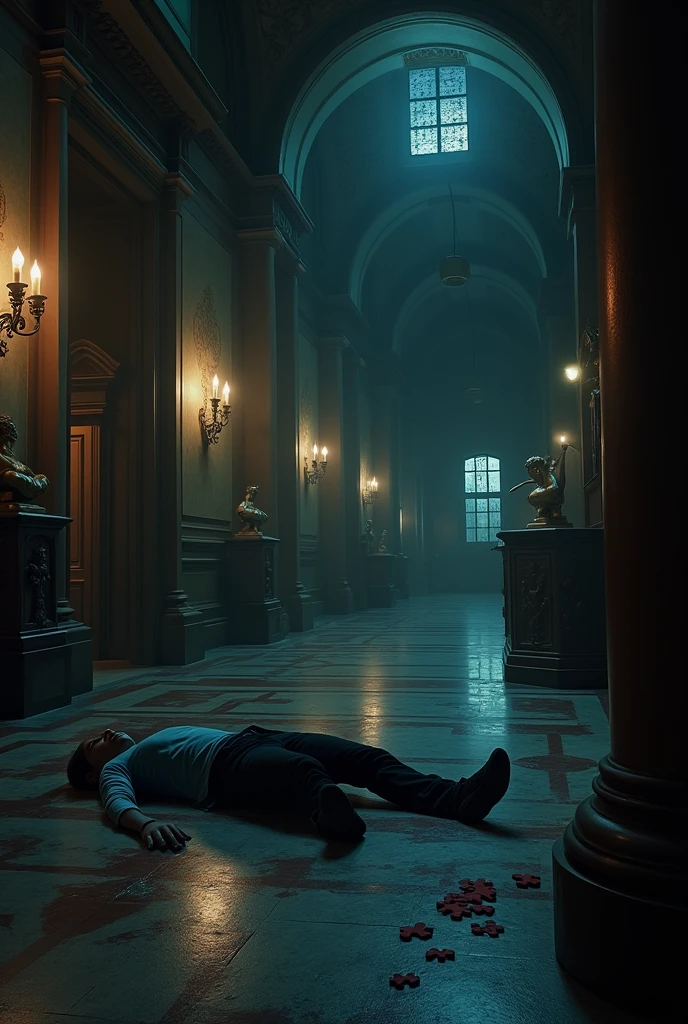 Create an image of a murder in a museum, At the scene there must be a puzzle with a missing piece and it must be nighttime. The victim must be there, not the murderer.. The image should be a little bit far away. The dream does not have to be a puzzle, there should only be one next to the person