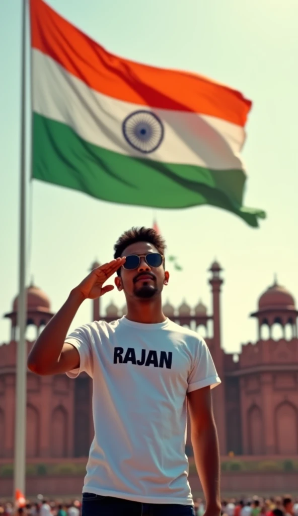 Create a realistic picture of an 18-year-old boy wearing a white t-shirt and blue jeans. He is saluting a big flying Indian flag, with the Red Fort in the background. The name “Rajan” is written on his t-shirt in bold letters, sunglasses. The overall image should have a divine background, reminiscent of Indian Republic Day, with people celebrating.