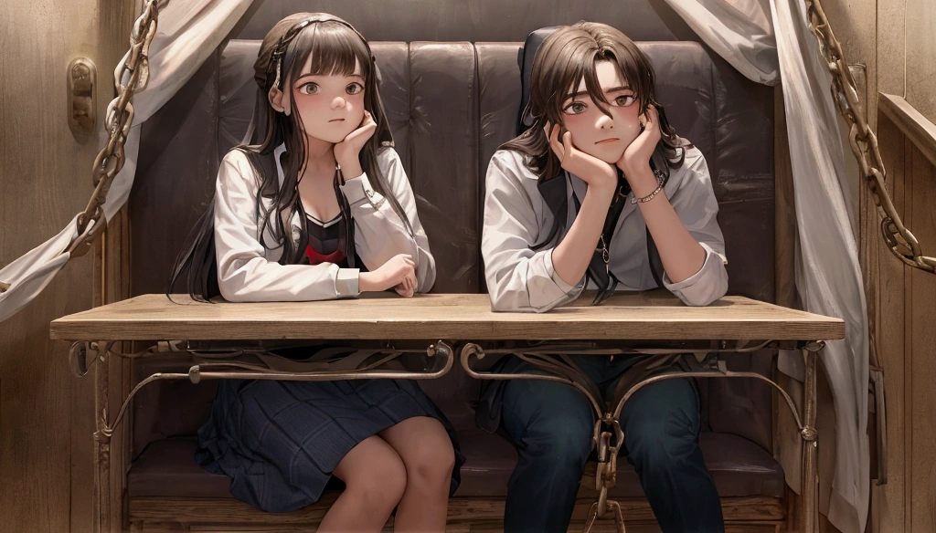 A pair of teenagers sat opposite each other, the boy holding the girl's face while looking at her with obsession. the girl looks scared. there were chains that entangled the two of them.