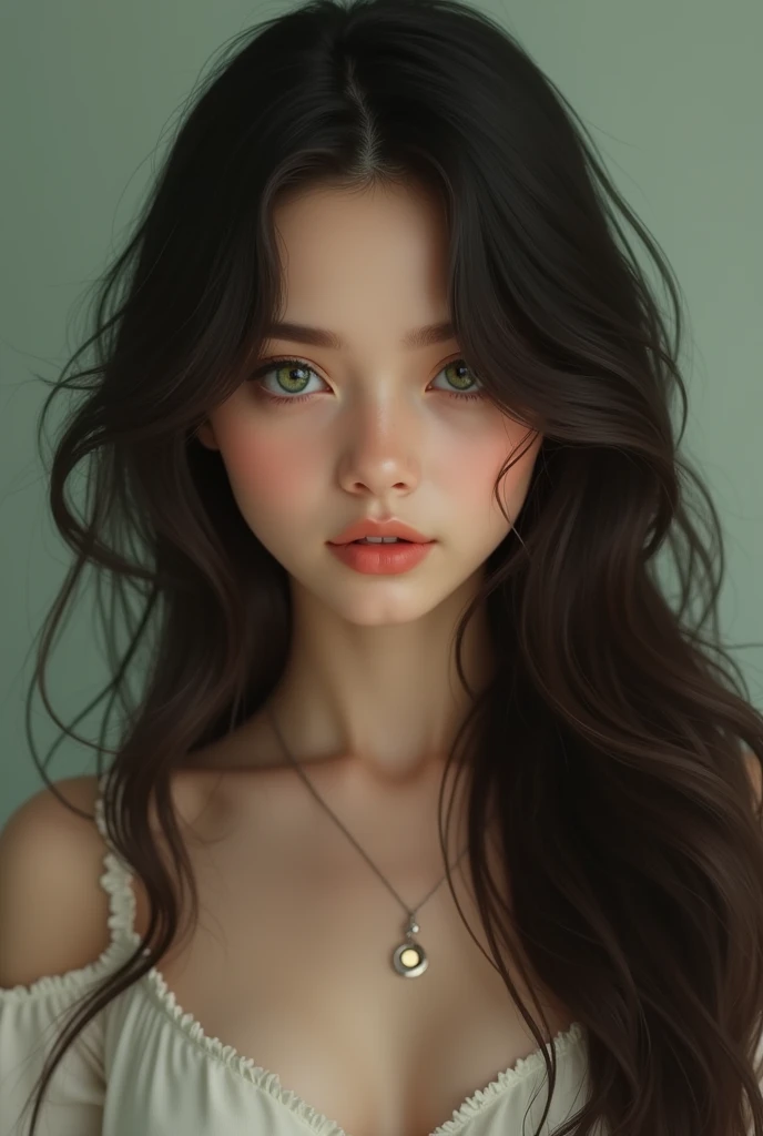 Create one with long dark brown hair, with dark green eyes, she is all cute and pretty