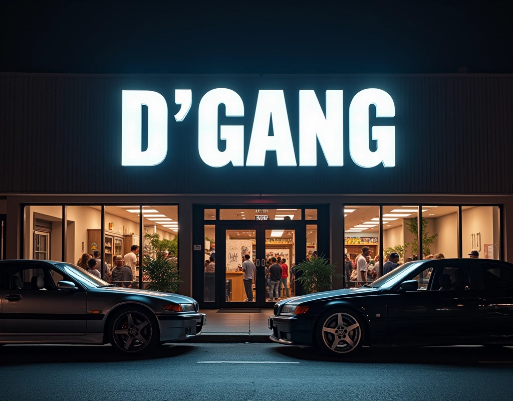 Front of a music label named D"GANG in capital letters on the facade, in gray neon, hip hop, trapp and lowrider cars at the entrance