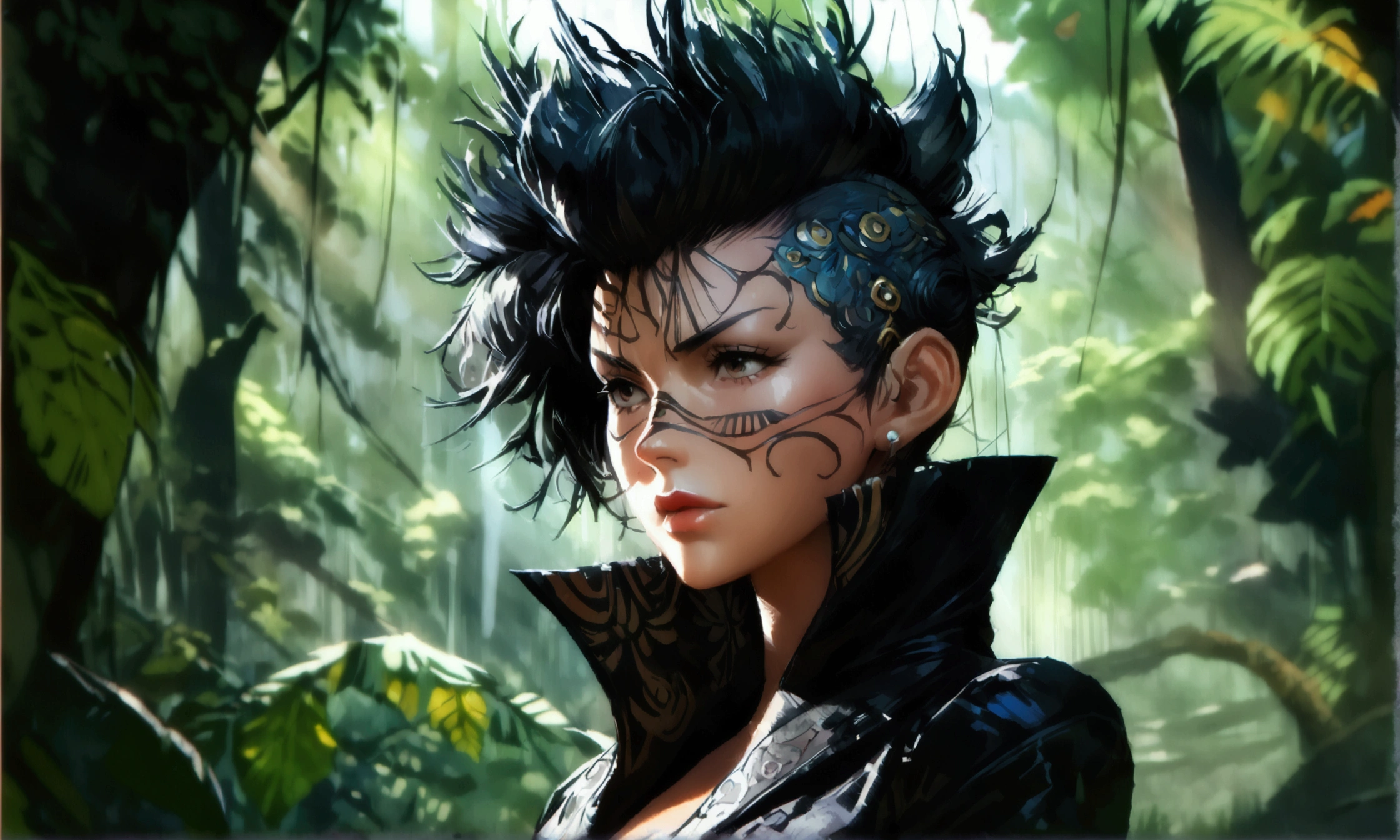 Brazilian woman, large and muscular physique, black mohawk, black coat with high collar, serious expression, stylish pose, dark forest background, ((Intricate anime character design inspired by One Piece)), ((stunning lighting)), ((fine lines)), ((stunning focus)), ((stunning face)), ((detailed focus)), ((detailed background)), ((ultra-fine 2D design)), ((scenery bathed in creativity)), ((2D masterpiece)), ((best quality), ((8K)), ((anime style))