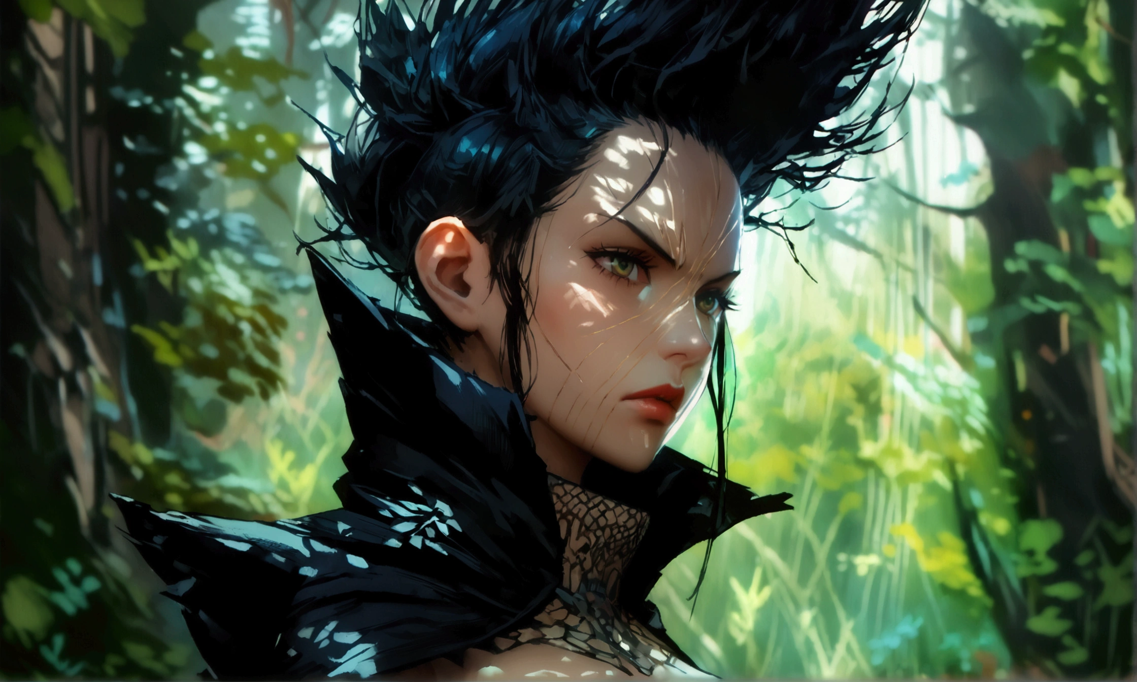 Brazilian woman, large and muscular physique, black mohawk, black coat with high collar, serious expression, stylish pose, dark forest background, ((Intricate anime character design inspired by One Piece)), ((stunning lighting)), ((fine lines)), ((stunning focus)), ((stunning face)), ((detailed focus)), ((detailed background)), ((ultra-fine 2D design)), ((scenery bathed in creativity)), ((2D masterpiece)), ((best quality), ((8K)), ((anime style))