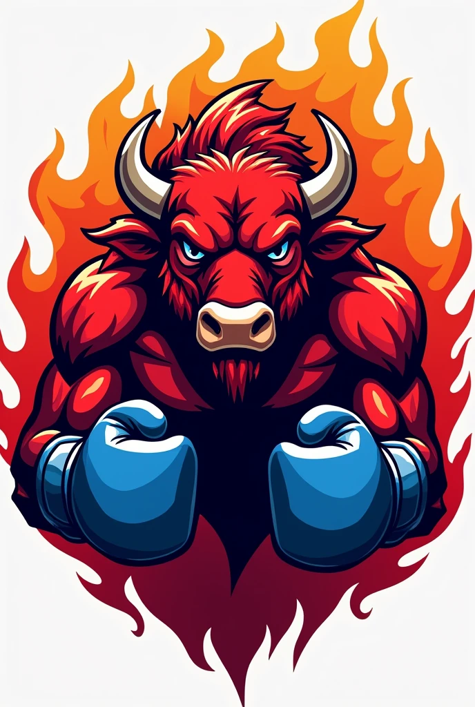 Boxing logo with a red Buffalo with blue boxing gloves. And fire around