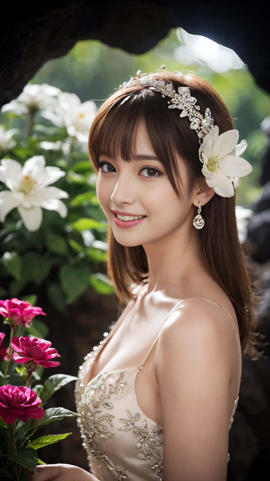 ((Tabletop:1.4, Highest quality)), (Realistic photos:1.4),
((1 girl)), (Pure actress), (dream-like),
(超High resolution:1.2), Very delicate and beautiful, wonderful, Highly detailed CG Unity 8K wallpapers, Very detailed, High resolution,
Soft Light, Beautiful detailed girl, Very detailed目と顔, Beautiful and detailed nose, Beautiful and detailed,
(Wear a gorgeous sparkly dress:1.3),
Cinema Lighting, Perfect Anatomy, Slender body, (Parted bangs),
(A flower garden in a cave:1.3), (Flowers Blooming in the Dark々The brilliance:1.5), (Light and dark emphasis), (wonderful美しさ),
Cowboy Shot, Looking at the audience, (smile)