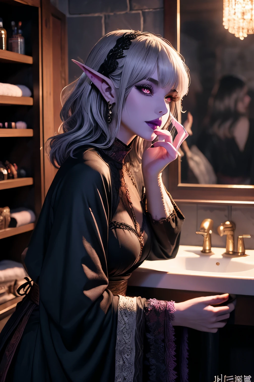 (Ultra-detailed face, looking away, Fantasy Illustration with Gothic, Ukiyo-e, Comic Art, Rich colors), 
BREAK 
(This is the powder room of a medieval Scandinavian style stone and wood mansion. It has moody lighting and a modern wooden vanity table.), 
BREAK 
(DarkElves: A middle-aged dark elf woman with silver color hair, blunt bangs, very long disheveled hair and dark purple color skin, lavender color eyes), 
BREAK 
(A female dark elf wears a reddish-bronze lace robe with reliefs and soft slippers.), 
BREAK 
(A dark elf woman happily turns her back and looks in the mirror as she applies lipstick and puts on earrings.)