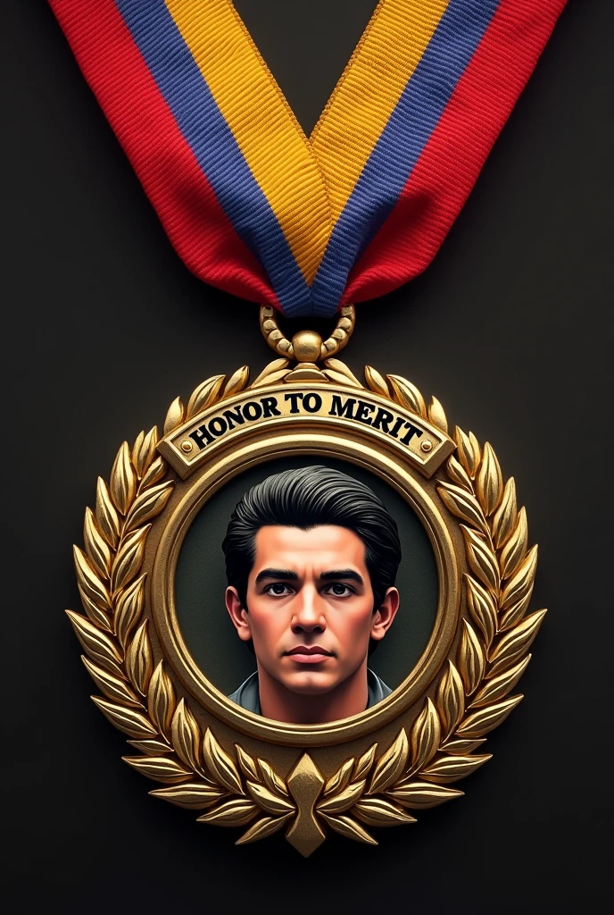 I want you to make me a military decoration in the form of a horizontal bar that says "Honor to Merit" surrounded by golden laurels, and at the beginning of the bar there is the face of young Hugo Chavez. Above the rainbow bar it should say "Political Link Los Salias"