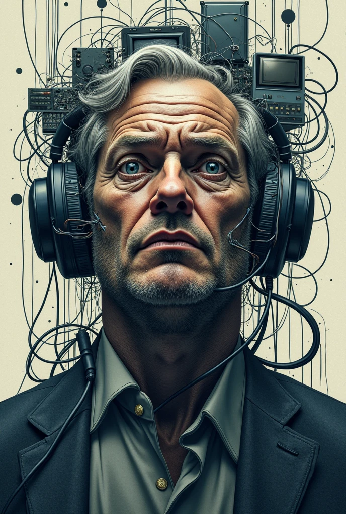 A poster drawing of computer addiction man that slowly swallowing by computer