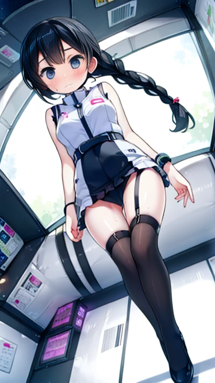 (Highest quality), (masterpiece), 1080P, High resolution, 4K, 8k, Inside the space station、Futuristic room、Thigh straps, Shooting from directly below, The woman on top of me, 白いSweat, Covered , Sweat, Woman looking down, Skirt swimsuit, Thigh-high socks, To achieve this, , , whole body, Black leather shoes, Braided hair, Inner Color, Embarrassed face, Short black hair, bracelet, Bedroom,celestial body_Vest