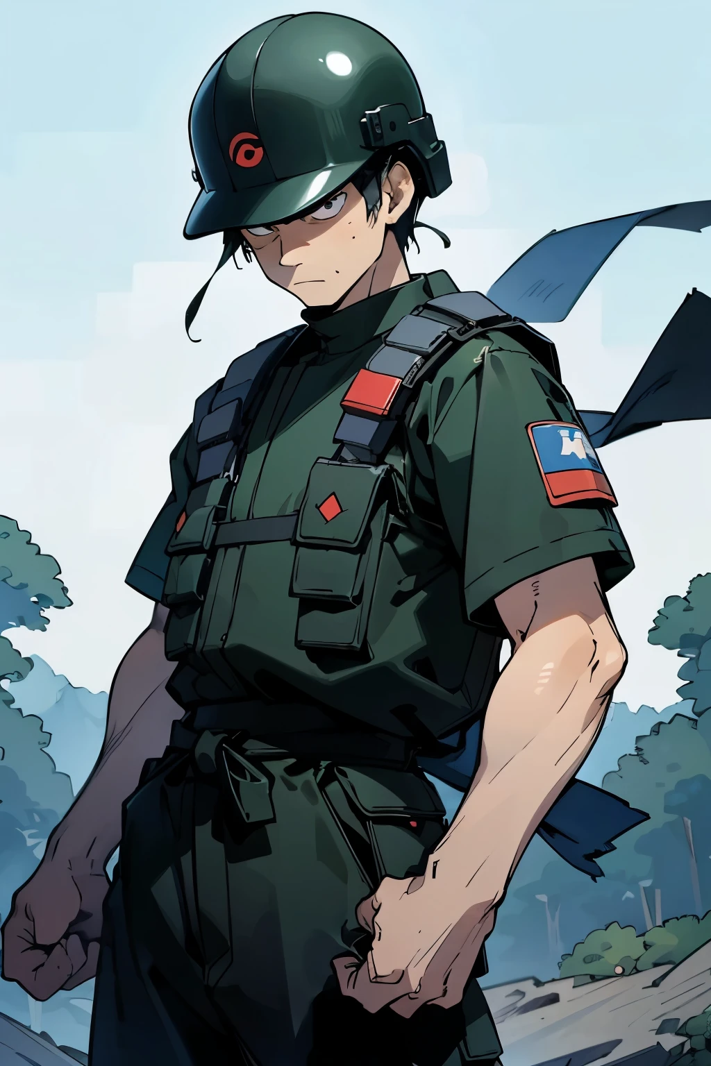 by Ken Sugimori, sugimori 1990s, ((only 1man)), adult, camoflauge uniform, backpacker, survivalist, bullet proof vest, scowling, helmet, misty wisps in the background, supernatural, ninja weapons ((hands behind their back)), full black pupils, manga, best quality, highly detailed, clean lines, cowboy shot, good hands, good eyes, hd, 8k, professional, symmetrical, hires, 8k,