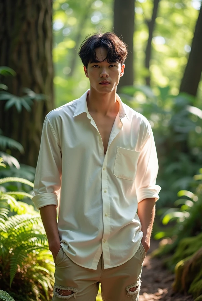 Korean male idol in the forest wearing a white shirt and beige pants, slightly ripped, in the forest 
