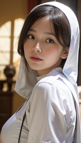 A Japanese woman wear hijab and colored cream muslim dress reading the Koran in a beautiful mosque, with the background of wide mosque room