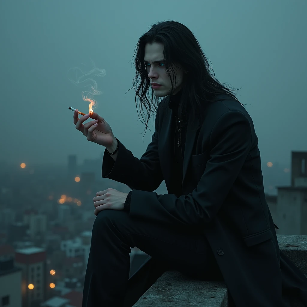 A sexy male with teal blue eyes and long black hair, with a nice and delicate facial features, dressed in gothic clothes, his skin is pale and white, he's smoking a cigarette while sitting the edge of the rooftop. He is looking unhappy. (Male) (Black and white) (Make it realistic) ((no facial hair)) ((no body hair)) ((gloomy atmosphere)) (smoky atmosphere)) ((masterpiece)) (gloomy)