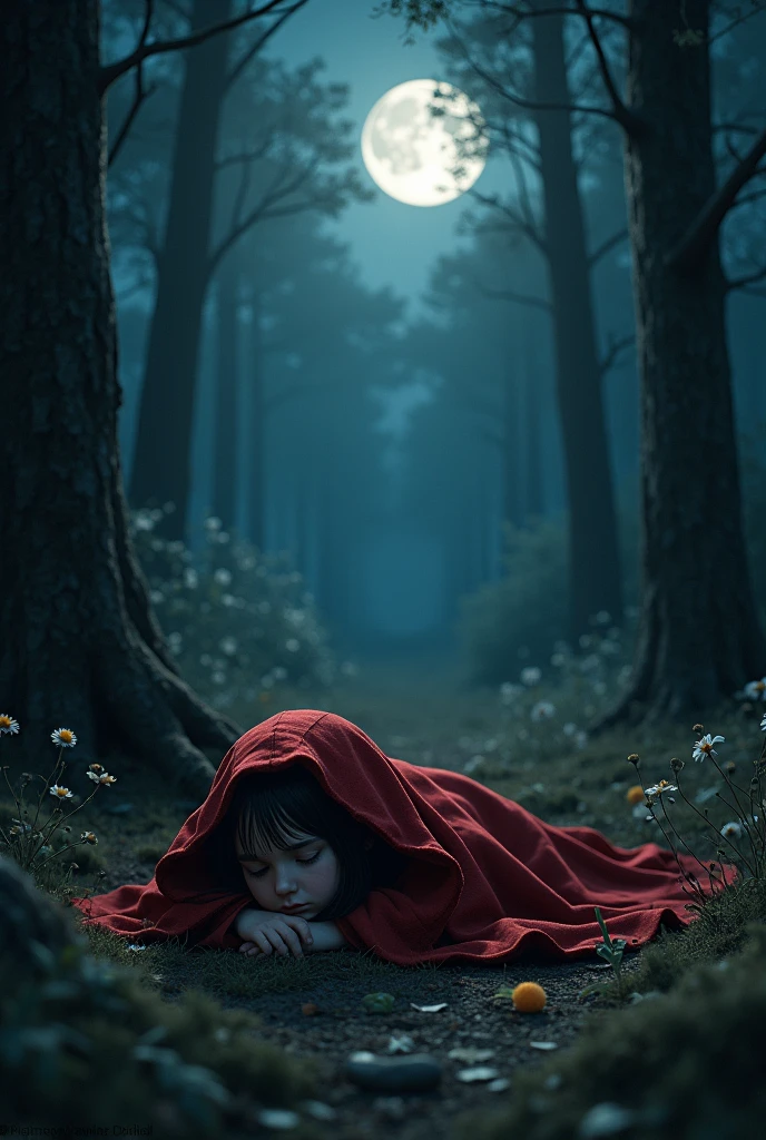 Little Red Riding Hood character, lying on the floor at night