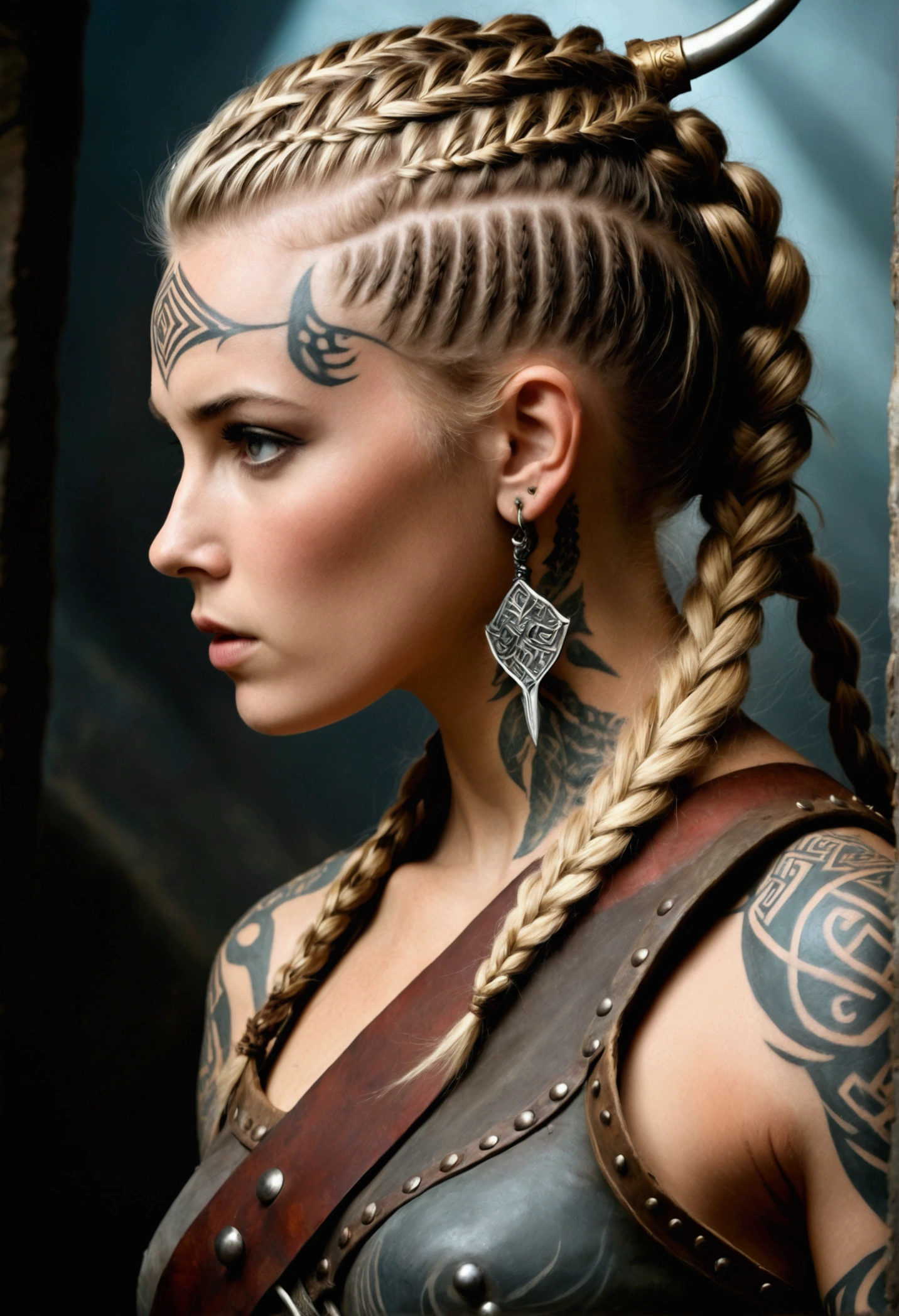 une femme guerrière viking féroce, coiffure tressée complexe, tatouages détaillés, peinture de guerre dramatique, posture de combat prête au combat, tenue sexy, hache de combat ensanglantée, très détaillé, Éclairage cinématographique, ombres dramatiques, art numérique, hyper réaliste, fantasy art