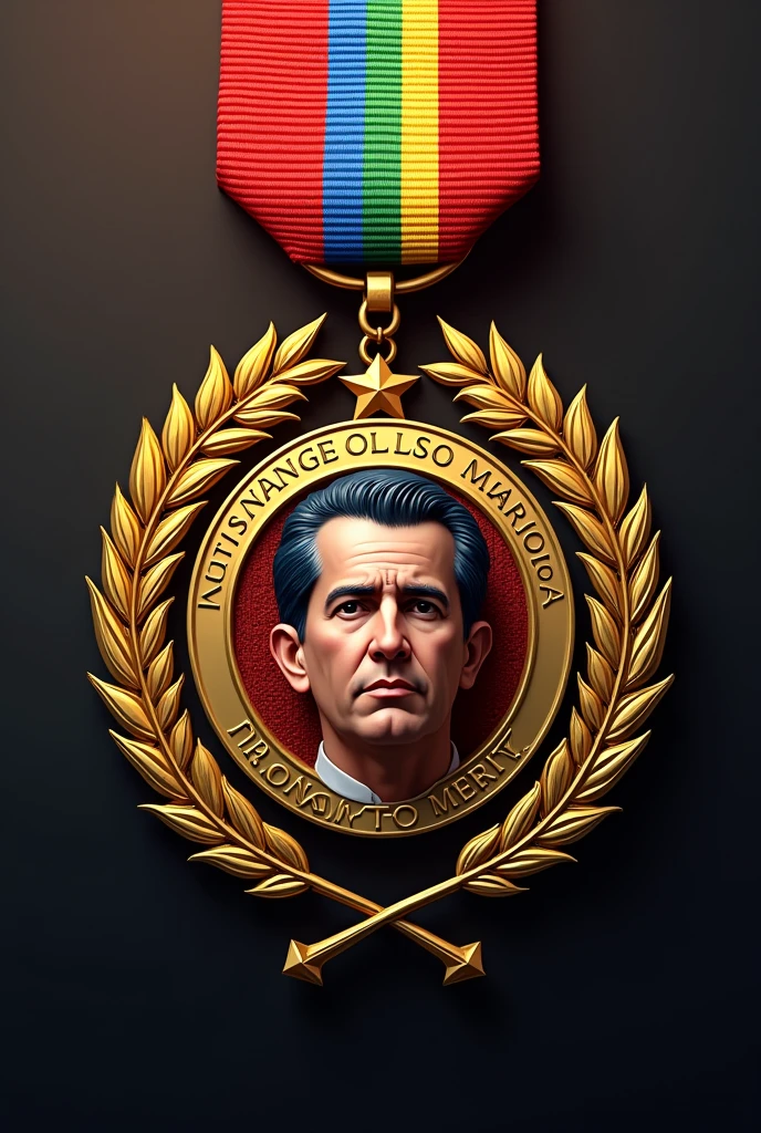 I want you to make me a Venezuelan military decoration in the form of a horizontal bar that says "Honor to Merit" in Spanish surrounded by golden laurels, and at the beginning of the bar there is the face of young Hugo Chavez. Above the rainbow bar it should say "Political Link Los Salias"