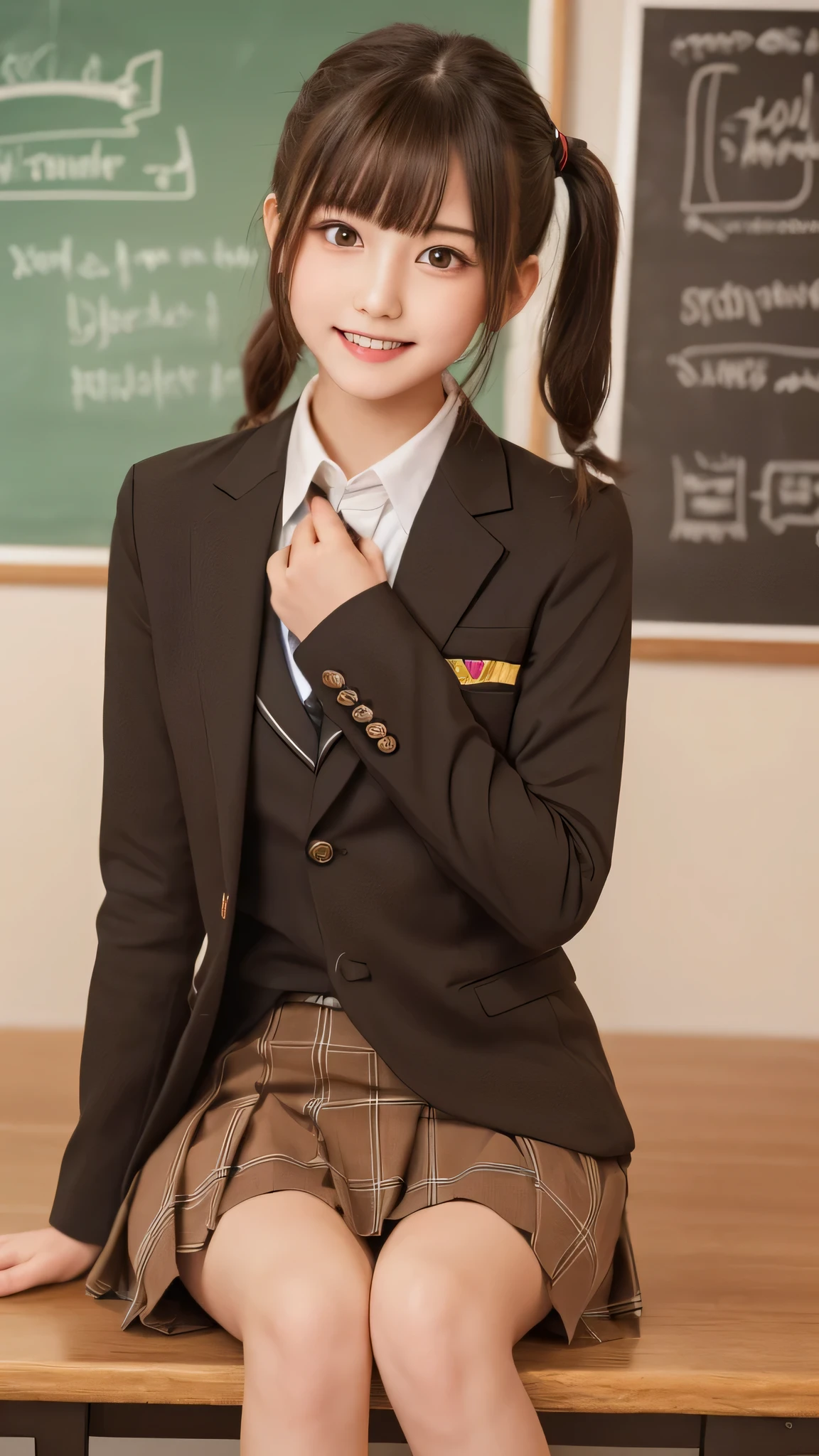 Tabletop, Highest quality, (beautiful girl:1.3), (:1.2), Very fine grain definition, (Symmetrical eyes:1.3), ((Browsing Caution)), (school uniform,  Cute checked brown skirt:1.3), Beautiful breasts, Brown eyes, Parted bangs, Brown Hair, Upper teeth,Twin tail hairstyle,Brown blazer