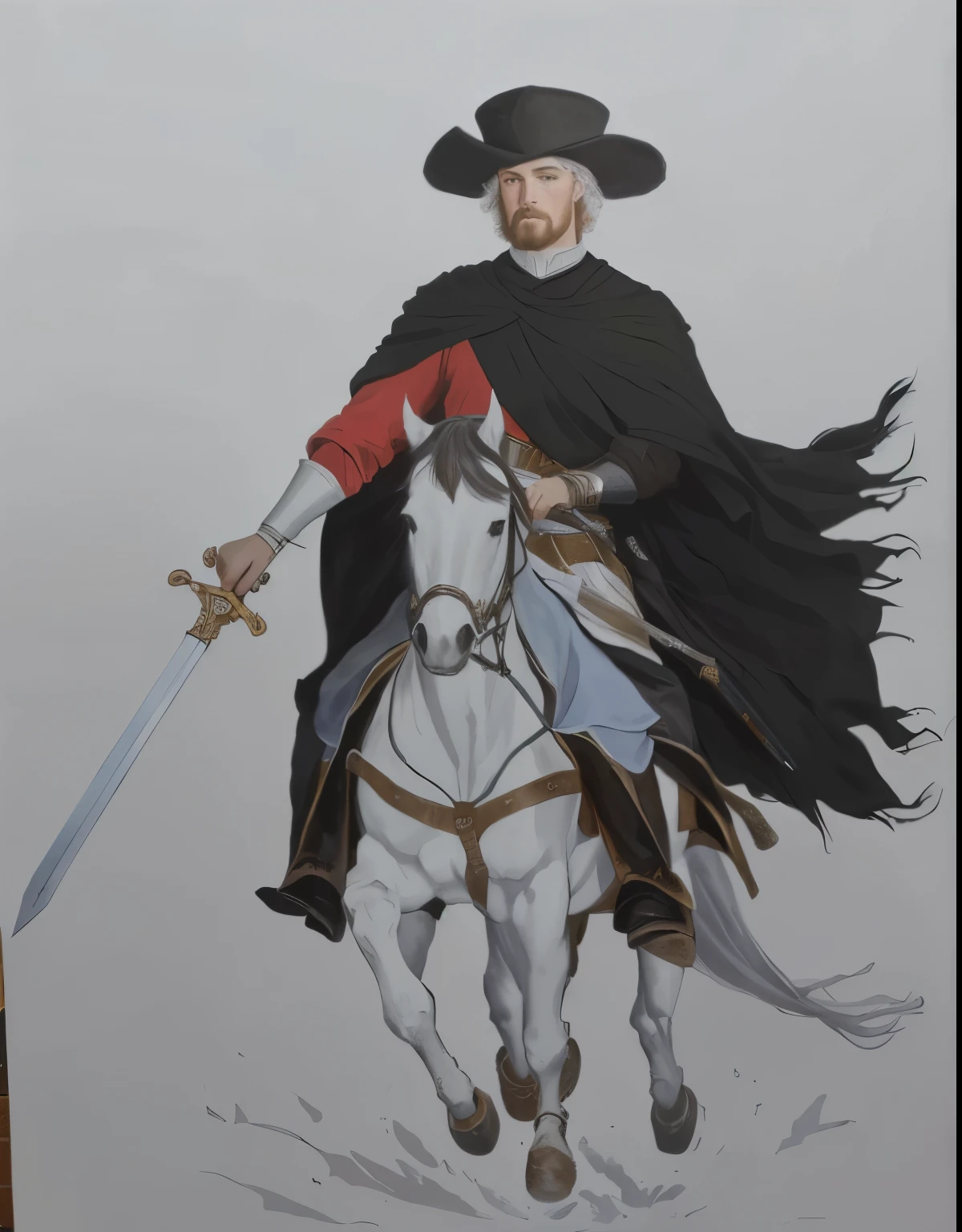 painting of a man with a sword and a red shirt, Riding on a white horse, as a medieval fantasy character, inspirado em Robert Walker Macbeth, inspired by Clovis Trouille, painting of a knight, inspired by Ambrosius Holbein, inspirado em Eleanor Fortescue-Brickdale, boromir in an 80\animes world, inspired by Edmund Greacen