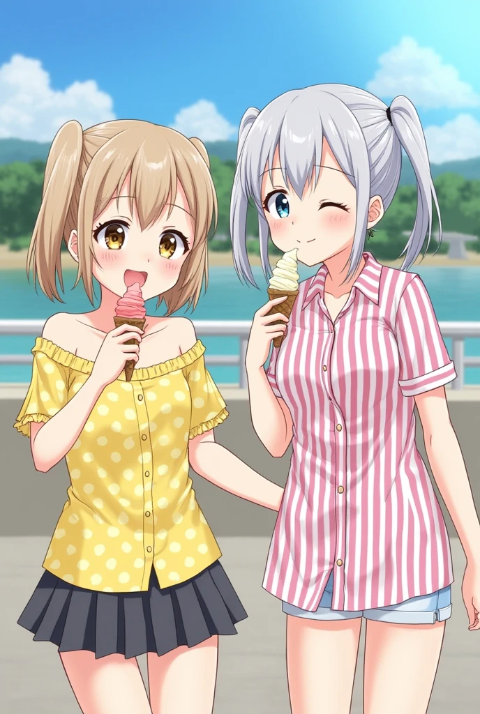 Highest quality、High resolution、Detailed Background、Realistic、Beautiful face in every detail、Anatomically correct、Normal number of fingers、Detailed facial expressions、Detailed eyes、Teenage beauty、Highly detailed face、Light color hair、Bobcut、Twin tails、A big smile、Do cute things、

(Two girls eating ice cream to beat the heat at a summer resort:1.5)、

Smiling while eating ice cream and licking it、
Off-the-shoulder tops in bright colors and vibrant patterns、Floral and fruit patterns、Dresses with bright colors and patterns, such as stripes、Cool feet such as sandals、Brightly colored or striped shirt dresses、Lake Kawaguchi and the Five Lakes of Yamanashi Prefecture：Located at the foot of Mt. Fuji, Lake Kawaguchi and the Five Lakes are summer resorts surrounded by beautiful natural surroundings.、You can enjoy a stroll or boat ride along the lake and a view of Mt. Fuji.