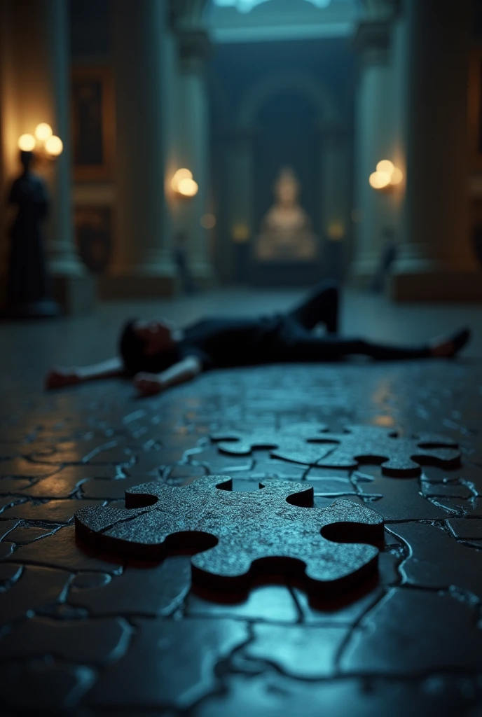 Create an image of a murder in a museum, At the scene there must be a puzzle with a missing piece and it must be nighttime. The victim must be there, not the murderer.. The image should be a little bit far away. The dream does not have to be a puzzle, there should only be one next to the person. The puzzle must be put together but one piece is missing