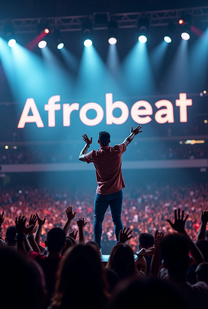 Afro male singing on a mic in a stadium filled with people with the word Afrobeat boldly written on the Background