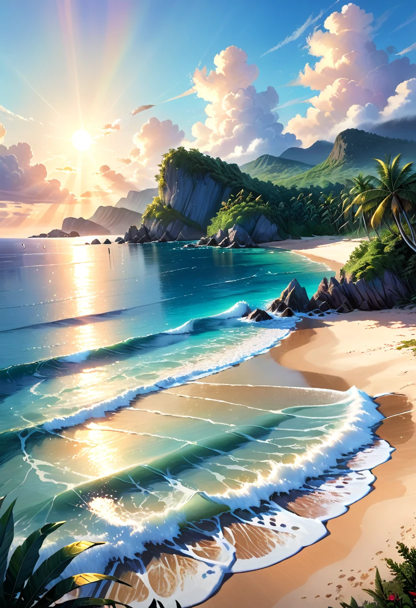 A tranquil seaside landscape, sun-drenched ocean, golden sand beach, beautiful detailed clouds, serene atmosphere, oil painting, lush tropical foliage, warm inviting light, soft pastel colors, enchanting dream-like quality, ultra-detailed, (best quality,4k,8k,highres,masterpiece:1.2),ultra-detailed,(realistic,photorealistic,photo-realistic:1.37),landscape,seascape,seascape painting,tropical paradise,idyllic beach scene,cinematic lighting,vibrant colors,stunning realism