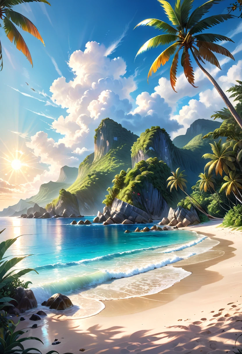 A tranquil seaside landscape, sun-drenched ocean, golden sand beach, beautiful detailed clouds, serene atmosphere, oil painting, lush tropical foliage, warm inviting light, soft pastel colors, enchanting dream-like quality, ultra-detailed, (best quality,4k,8k,highres,masterpiece:1.2),ultra-detailed,(realistic,photorealistic,photo-realistic:1.37),landscape,seascape,seascape painting,tropical paradise,idyllic beach scene,cinematic lighting,vibrant colors,stunning realism