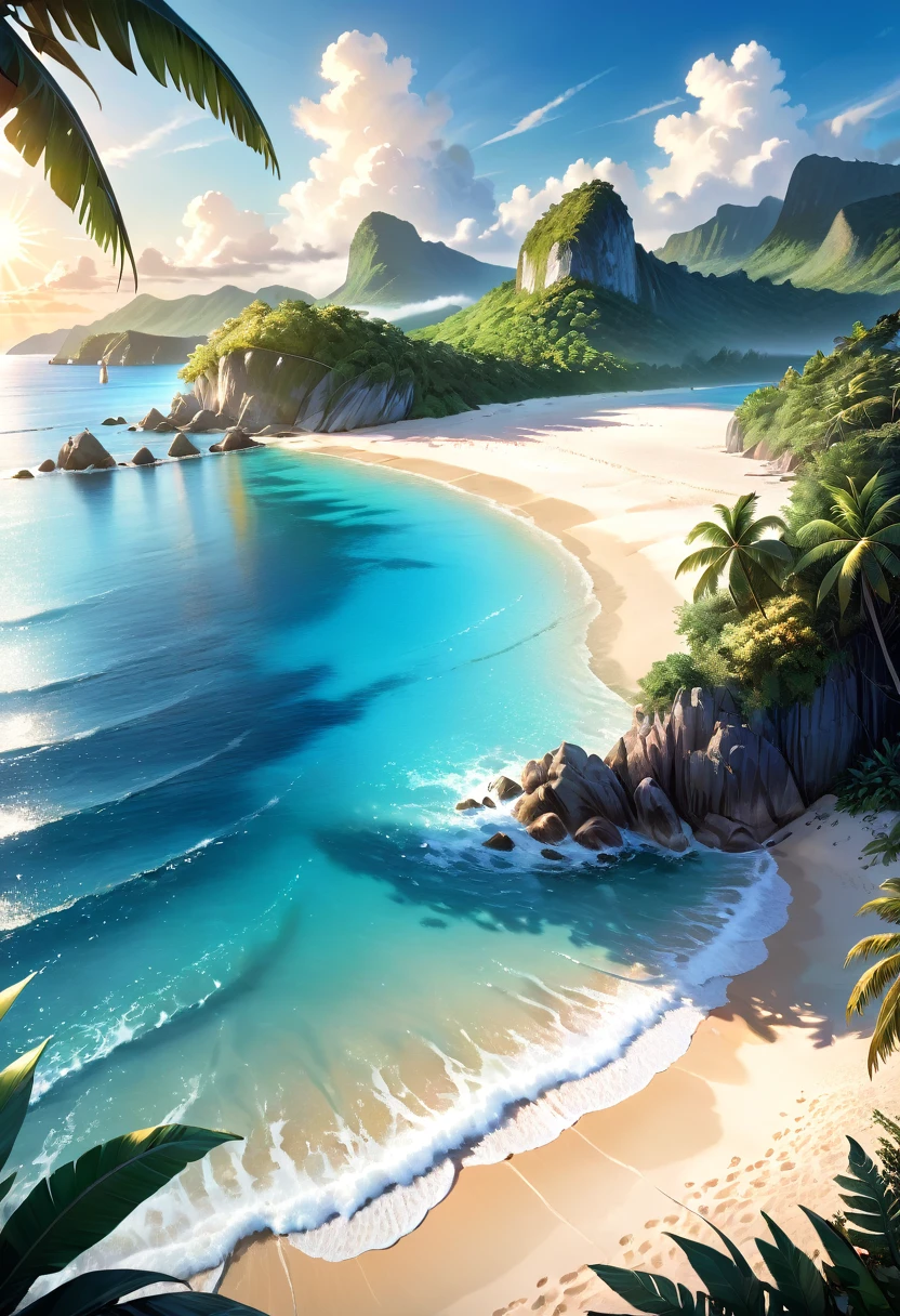 A tranquil seaside landscape, sun-drenched ocean, golden sand beach, beautiful detailed clouds, serene atmosphere, oil painting, lush tropical foliage, warm inviting light, soft pastel colors, enchanting dream-like quality, ultra-detailed, (best quality,4k,8k,highres,masterpiece:1.2),ultra-detailed,(realistic,photorealistic,photo-realistic:1.37),landscape,seascape,seascape painting,tropical paradise,idyllic beach scene,cinematic lighting,vibrant colors,stunning realism