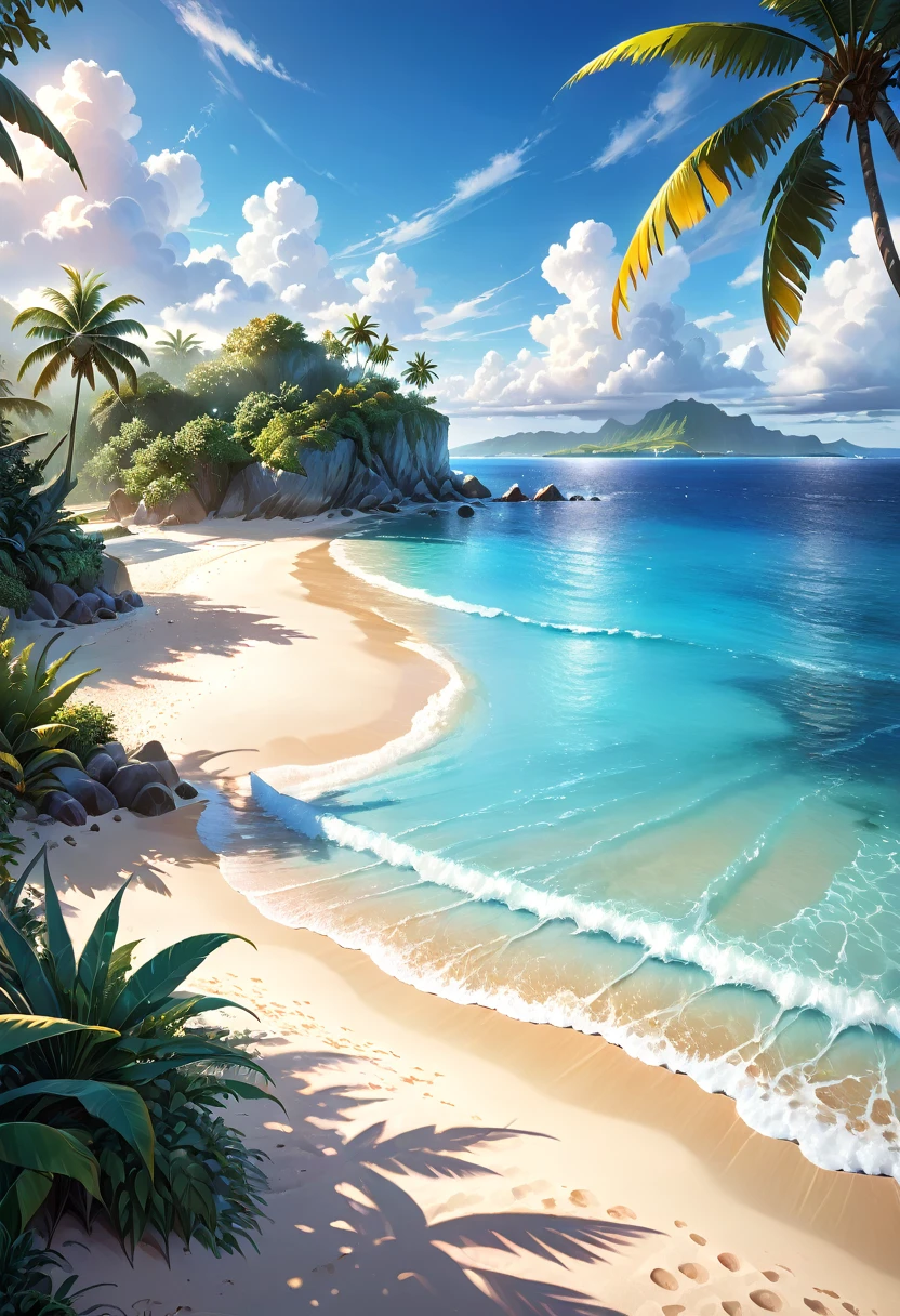 A tranquil seaside landscape, sun-drenched ocean, golden sand beach, beautiful detailed clouds, serene atmosphere, oil painting, lush tropical foliage, warm inviting light, soft pastel colors, enchanting dream-like quality, ultra-detailed, (best quality,4k,8k,highres,masterpiece:1.2),ultra-detailed,(realistic,photorealistic,photo-realistic:1.37),landscape,seascape,seascape painting,tropical paradise,idyllic beach scene,cinematic lighting,vibrant colors,stunning realism