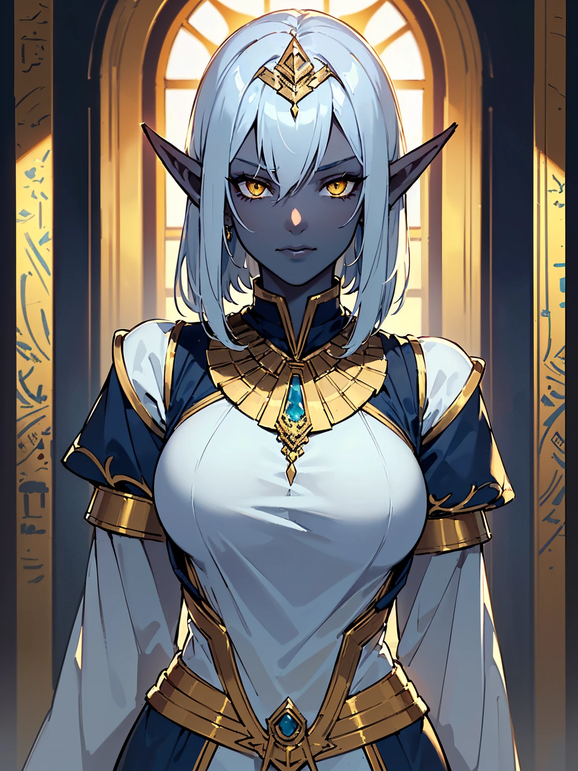 1girl, masterpiece, perfect face, ((((dark blue skin tone1:3, dark elf)))), (Short White hair), ((yellow eyes)), ((perfection)), hourglass body, big chest, (((thicc))), ((black ancient egypt clothing and jewlery)), 8k, 4k resolution, highly detailed, (beautiful mature woman), ((Portrait)),