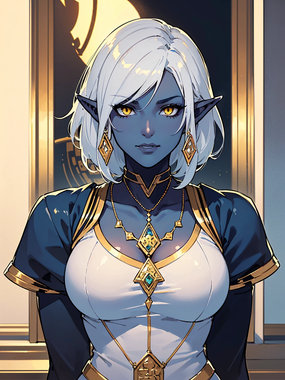 1girl, masterpiece, perfect face, ((((dark blue skin tone1:3, dark elf)))), (Short White hair), ((yellow eyes)), ((perfection)), hourglass body, big chest, (((thicc))), ((black ancient egypt clothing and jewlery)), 8k, 4k resolution, highly detailed, (beautiful mature woman), ((Portrait)),