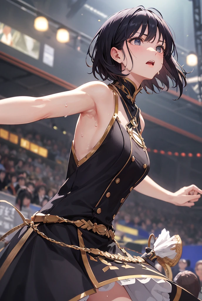 fate StayNight、UFOTABLE、Very Short Hair、Black Hair、Mid-chest、One Woman、Raising left arm、Armpit、In town、Angle looking up from below、confidence、Highest quality、Expressionless and angry、cool、Upper Body、Armpitのアップ、From the side、Staring at the audience、Mouth closed、Armpit sweat、Armpitの蒸れ、Armpitの皺、Showing off her armpits、