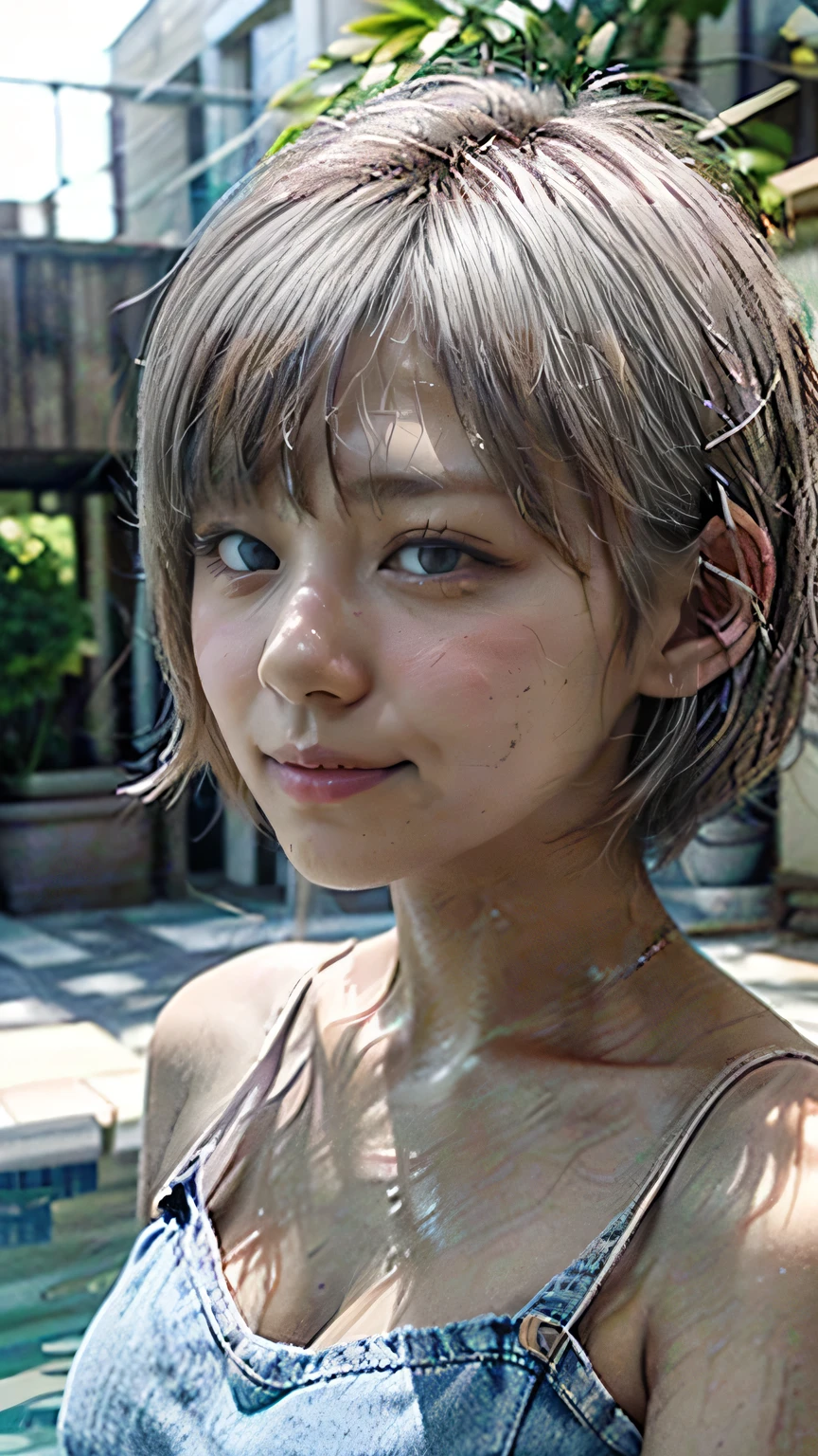 1girl, solo, (smile:1.25), cute japanese girl, (li), break,
straight hair, (short hair:1.75), (hair over one eye:1.5), (flat chest:1.1), break,
(dark skin:1.35), (sweaty skin:1.2), break,
wet, (wet clothes:1.2), navy tank top only, break, 
(face close up:1.75), (from above:1.5), (leaning forward:1.5), (Kneeling pose:1.35), break,
Height, Low Height, lens: 135mm f1.8, break, 
(highest quality), (RAW Photos), (8k, RAW photo, best quality, masterpiece:1.2), (realistic, photo-realistic:1.4), (extremely detailed 8k wallpaper), highest quality, masterpiece, High resolution,
in the lake,
