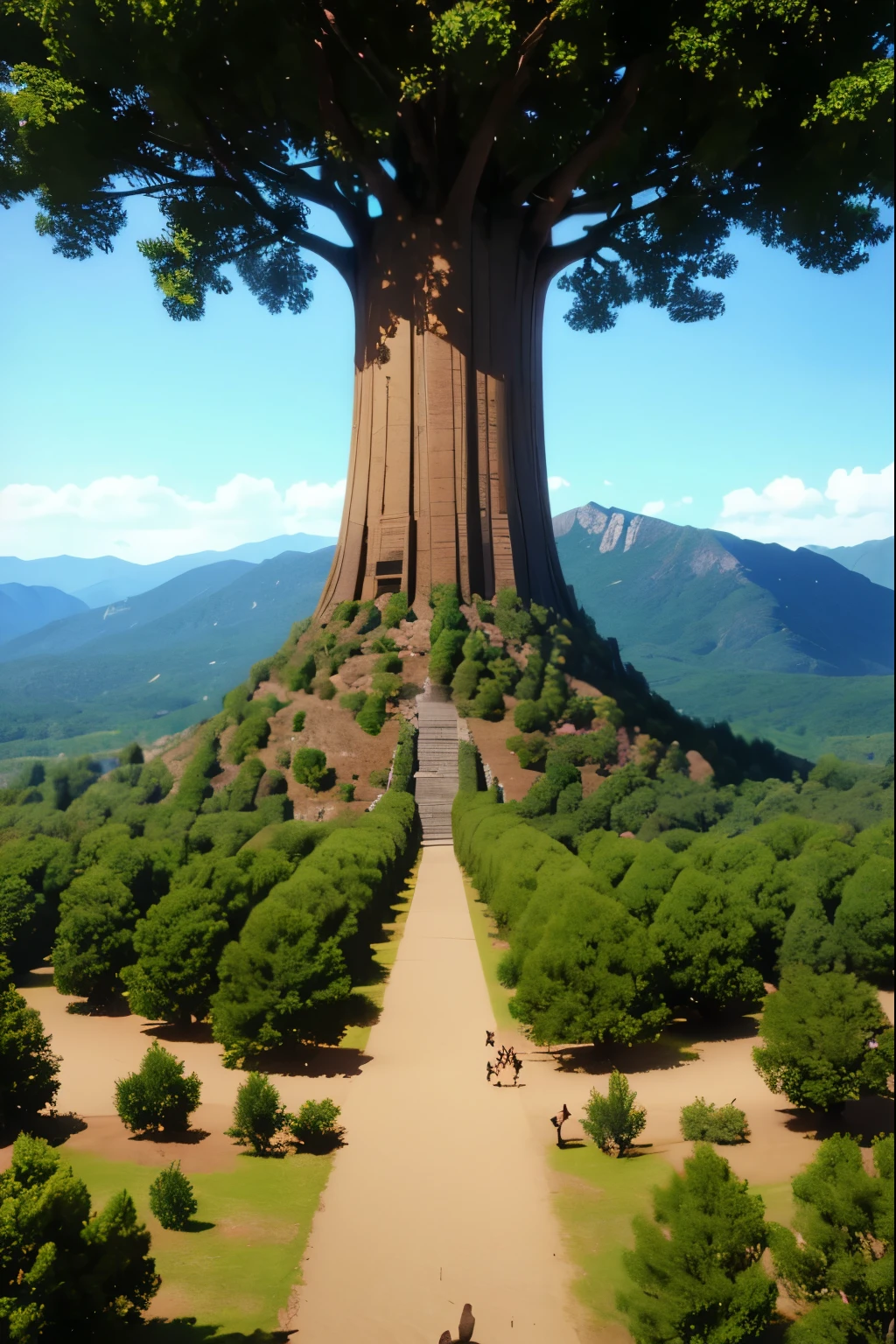 Zebaoth, giant epic fantasy tree, huge mountains, cinematic lens, wide-angle view, realistic, detailed skins, 8k, trending on artstation, smooth, 3d animation --ar 2:1 --v 5 --q 2 --s 750