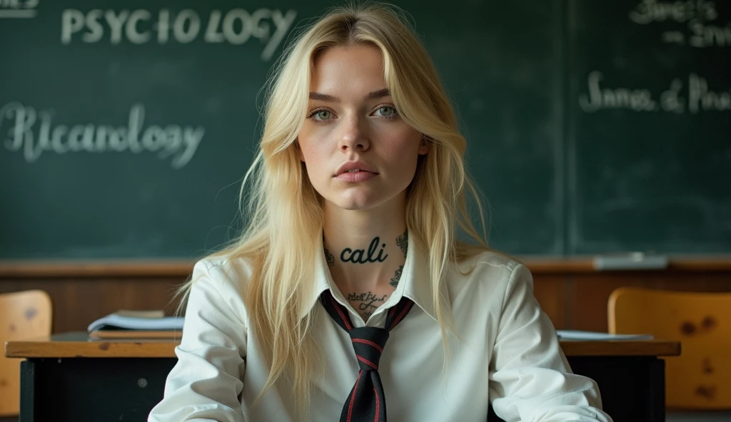 Actress Ellen Fanning sits in what appears to be a classroom setting. He has long blond hair and wears a shirt with a tie., which adds a formal yet youthful touch to your appearance. His gaze is directed towards the viewer, with a calm and introspective expression, that together with his slightly parted lips, adds to your contemplative attitude. His most notable features include the tattoo visible on his neck, what does it say "cali" in a delicate handwriting, and another intricate tattoo on his arm, which suggests a mix of elegance and nervousness in his character. the bottom, although slightly blurry, clearly shows traditional classroom elements, like desks and blackboards that are written "JAMES PSYCHOLOGY", that contrast with its modern and somewhat rebellious aesthetic. This juxtaposition evokes a sense of individuality and defiance against conventional environments.